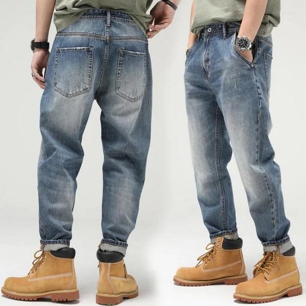 Jeans masculinos estilo americano homens retro buracos soltos perna reta calças jeans rabanete
