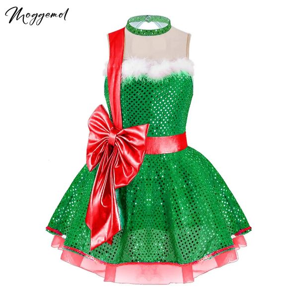 Dancewear Kinder Mädchen Weihnachten Eiskunstlauf Kleid Glänzende Pailletten Ballett Latein Tutu Netzkleid mit Schleife Tanzkostüm Dancewear 231124