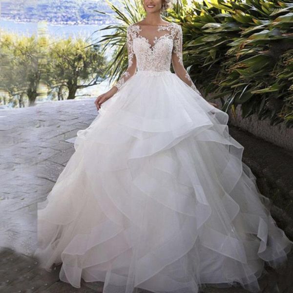 Abito da sposa Elegante pizzo Applique Abiti con scollo a cuore Corsetto Tulle Ruffles Abito da ballo a maniche lunghe a strati Abiti da sposa Backle