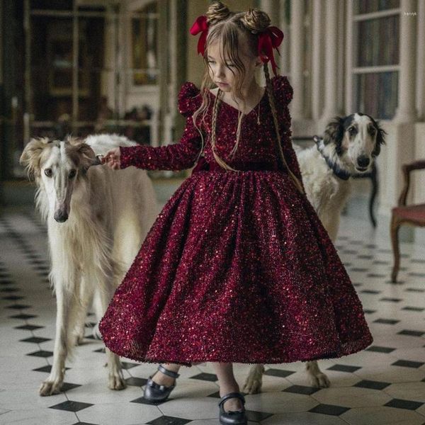 Abiti da ragazza Lussuoso abito da spettacolo a maniche lunghe per bambino A-line lunghezza tè fiore vintage bordeaux Natale ballo di fine anno per bambini