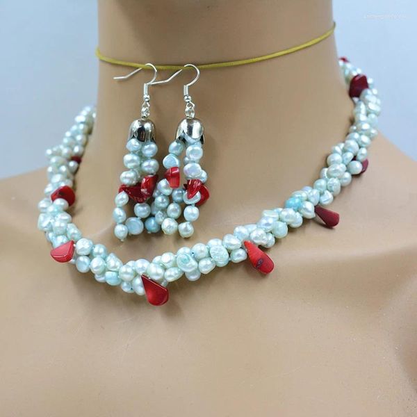 Halskette/Ohrring-Set, 3-strängig, 6 mm, natürliche barocke Süßwasserperle/rote Koralle, Halskette/Ohrring