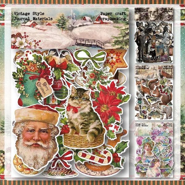 Confezione regalo da 40 pezzi Confezione di adesivi artistici vintage Natale scuro Fai da te Scrapbooking Junk Journal Collage Diario Decorazione