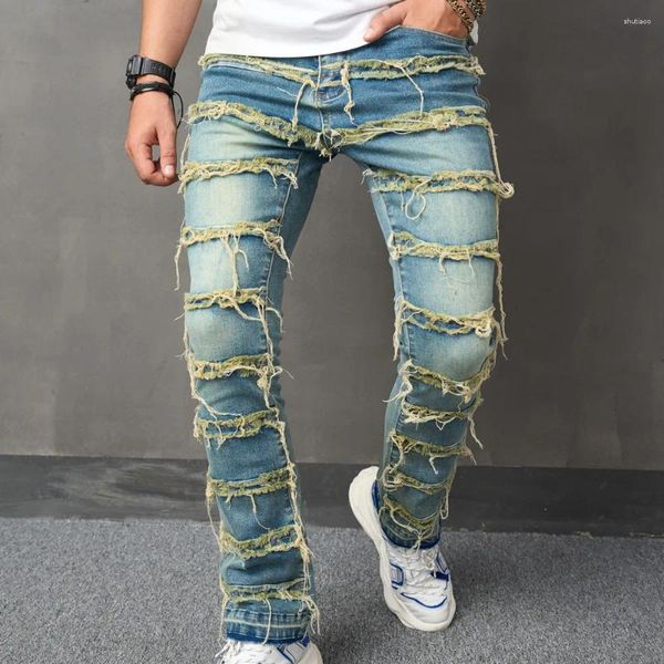 Männer Jeans Männer Stilvolle Vintage Blau Gestapelt Spliced Slim Biker Gerade Hosen Streetwear Männliche Motorrad Casual Denim Hosen