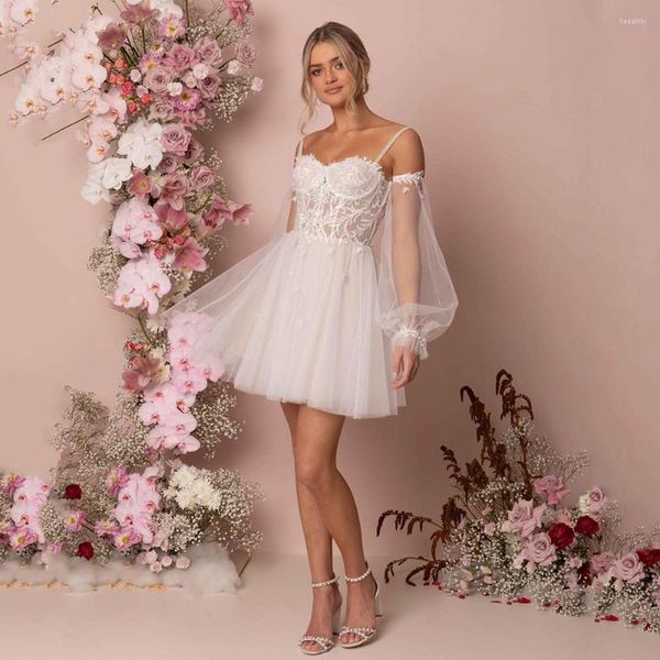 Abito da sposa ADLN Staccabile Corto Mini A-line Tulle Fata Sposa Robe De Mariee Abito da ricevimento in pizzo senza schienale su misura