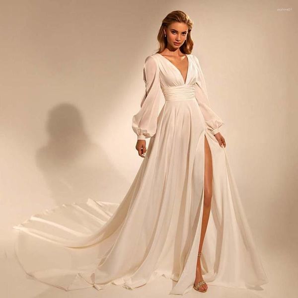 Abito da sposa Chic scollo a V maniche lunghe Abiti Boho Abito da sposa in chiffon con spacco alto 2023 Abito lungo Bohemian Vestido De Novia