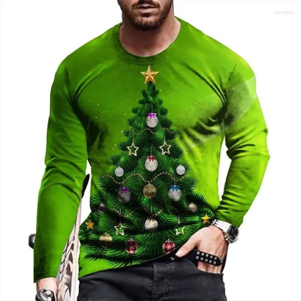 Magliette da uomo T-shirt da festival con motivo ad albero di Natale T-shirt da strada con stampa 3D a maniche lunghe in cotone 6XL Plus Size Abbigliamento maschile Tee