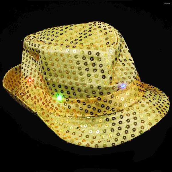 Berretti 3 pezzi LED luminosi cappelli da jazz oggetti di scena cappelli flash con decorazioni in paillettes glitterate per feste (dorato)