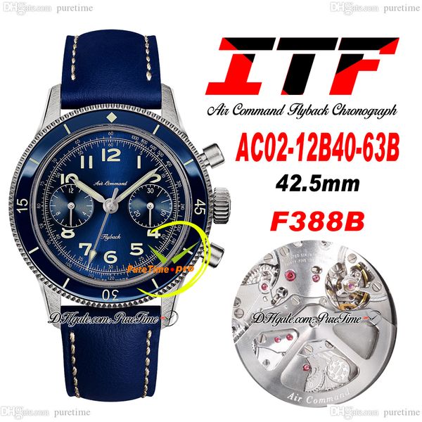 ITF Air Command F388B Automatik Chronograph Herrenuhr AC02-12B40-63B Titan Keramik Lünette Blaues Zifferblatt Leder Super Edition Reloj Hombre Montre Homme Puretime B2