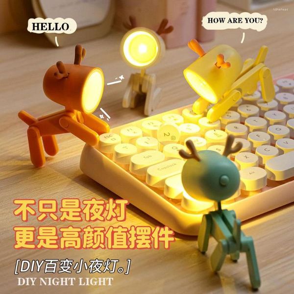 Luzes noturnas LED Mini Light Cute Deer Cervo dobrável Lâmpadas de mesa de mesa Livro de desktop Livro infantil quarto de cabeceira Decoração de quarto Presentes de férias