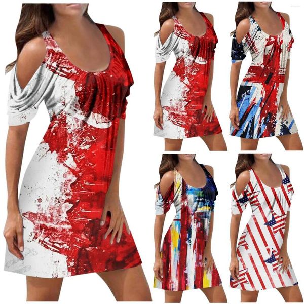 Casual Kleider 2023 Sommerkleid Frauen Elegante Party Sexy Zwei-Schulter-Ausschnitt Independence Day Print Kurzarm