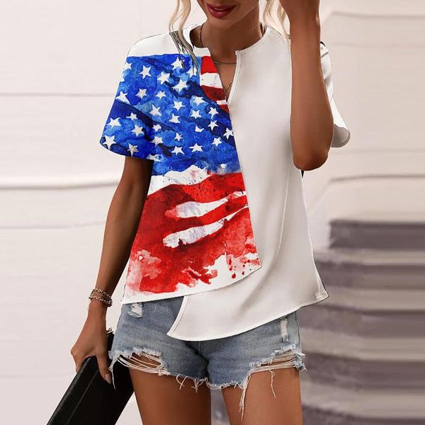 Camicette da donna Camicetta estiva per il giorno dell'indipendenza Camisas Blusas con stampa bandiera USA 4 luglio Camicie a maniche corte con scollo a V irregolare Roupas
