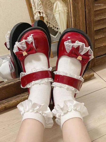 Vestido sapatos japoneses lolita Mary Janes Women Lace Kawaii Sweet Bow Pumps feminino Urso fofo Round Toe Designer 2023 Verão