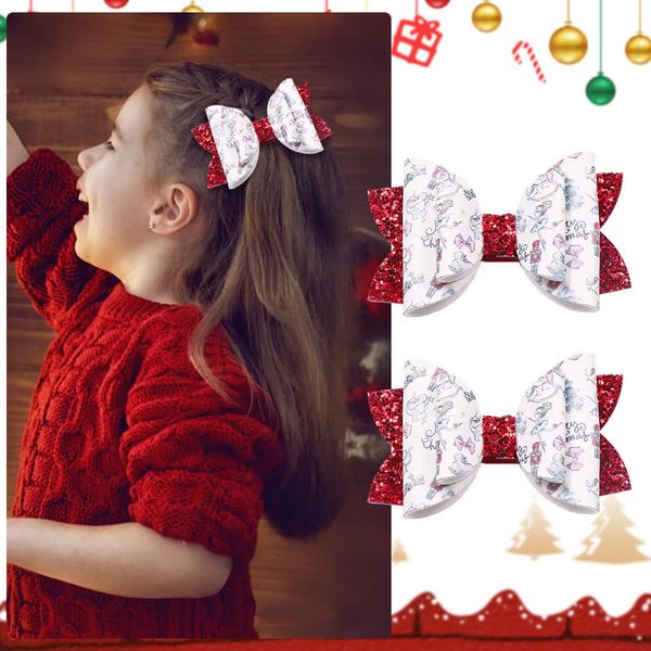 Haarschmuck 8 Teile/satz Rote Weihnachtsschleifen für Mädchen Glitzerdruck Haarspangen Jahr Kopfbedeckung Geschenk Schleife Haarnadel Haarschmuck 231124