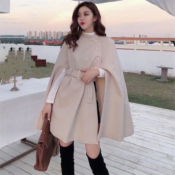 Женская смесовая шерсть, осенняя высококачественная шерстяная ткань, шаль, накидка-пончо с поясом, женское корейское повседневное пальто без рукавов средней длины 231124