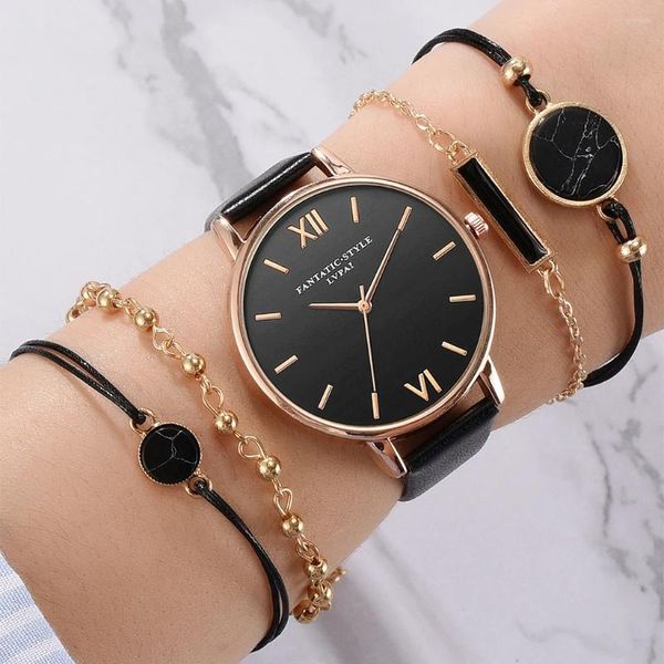 Relógios de pulso S Watch Set 5 PC Mulher Quartz Relógio de Pulso Couro Senhoras Pulseira Luxo Casual Relogio Femenino Presente para Namorada