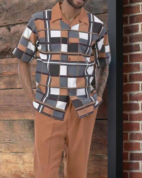 Fatos masculinos primavera e verão 2023 moda casual calças de manga curta quadrado impressão de duas cores rua viagem terno