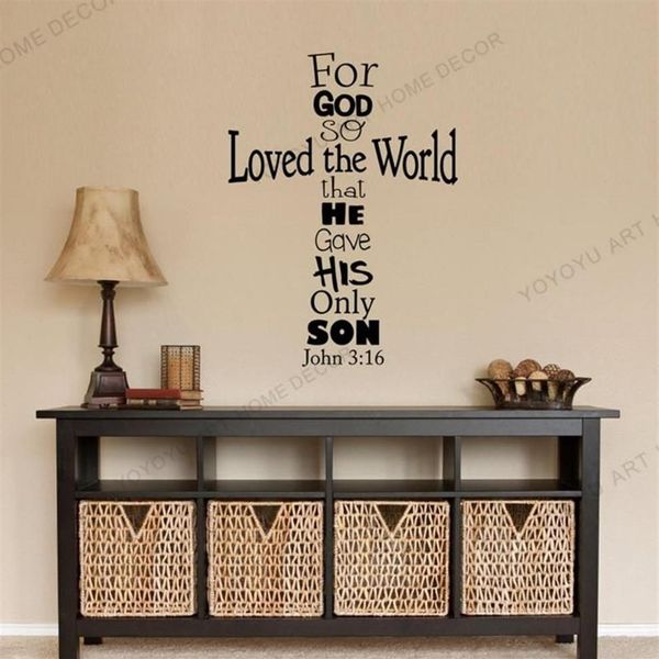 Pegatinas de pared John 316 Cross Calcomanía - Etiqueta cristiana Decoración Dios amó citas del versículo bíblico para el dormitorio CX22011903