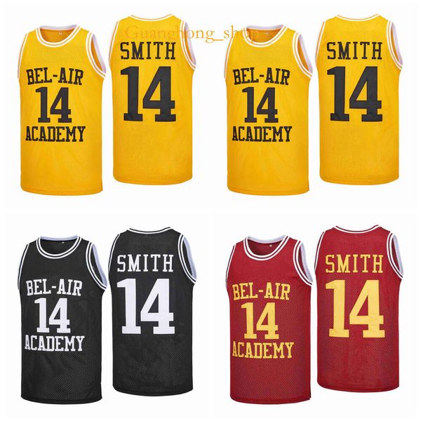 GH Will Smith # 14 the Fresh Prince of Bel Air Academy Filme Camisa de basquete Preto Amarelo Vermelho Tamanho S-XXL