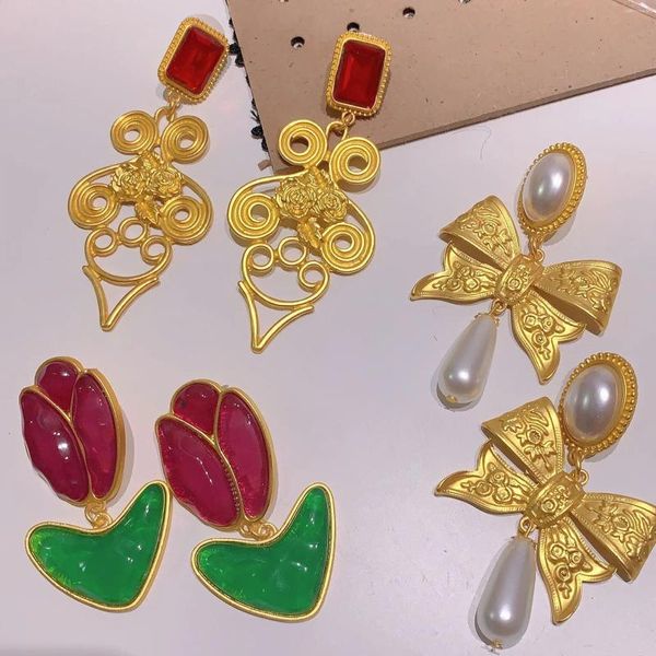 Baumeln Ohrringe Vintage Gold Farbe Metall Bowknot Unregelmäßige Tropfen Ohrring Chinesischen Stil Glas Tulpen Blume Perle Für Frauen 2023 Schmuck