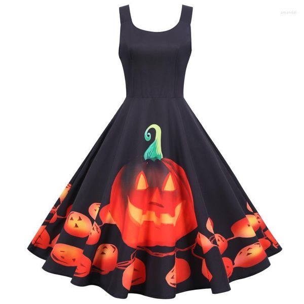 Abiti casual Primavera Estate Autunno Halloween Jack-o'-lantern Stampa Scoop Neck Senza maniche Donna Ladies Party Mini Short Skater Dress