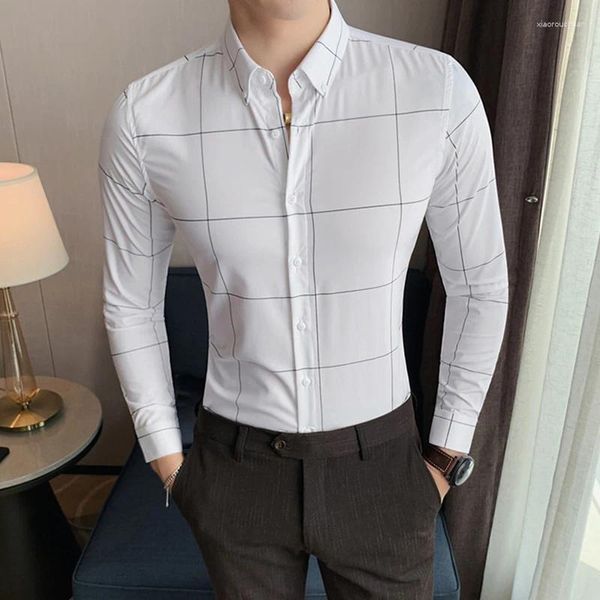 Мужские повседневные рубашки 2023, клетчатая рубашка с длинным рукавом, приталенные деловые модные блузки, роскошная модная мужская корейская одежда