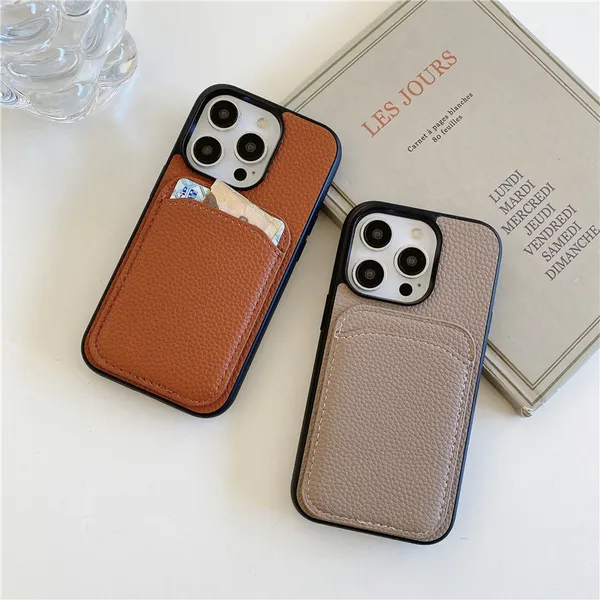 Luxuriöse Vogue-Handyhülle mit Litschi-Muster für iPhone 15 Plus 14 13 12 11 Pro Max XR XS, robustes Business-Slim-Kartenfach, Litschi-Druck, Leder-Geldbörsen-Rückseite, stoßfest