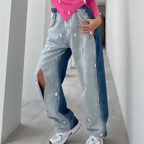 Jeans femininos água broca buraco emenda gradual cor tubo reto perna larga mop chão menina