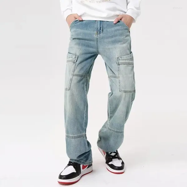 Calças de brim masculinas 2023 y2k moda bolsos laterais kpop calças largas roupas masculinas em linha reta coreano casual elegante calças jeans ropa hombre