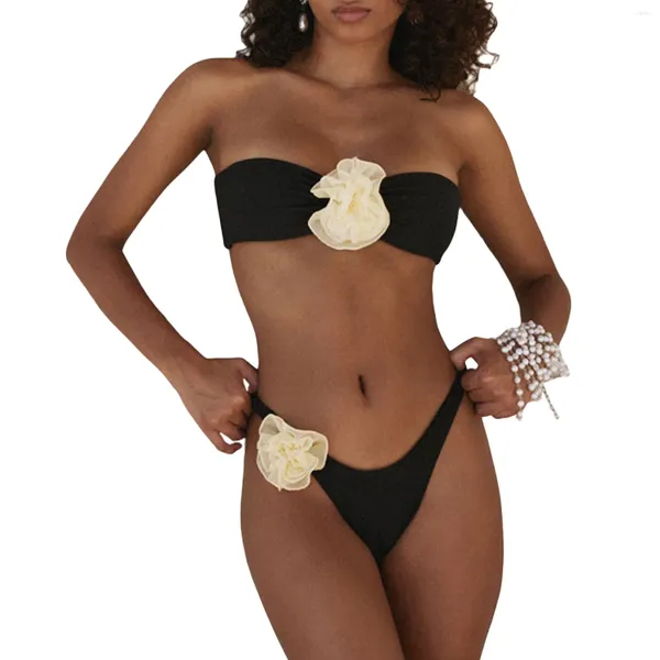 Damenbadebekleidung 2023 Bikini-Set 3D-Blumen 3-teiliges Damen-Sexy-Verband, ärmellos, Neckholder, rückenfrei, BH-Oberteil, Badeanzug, Strandkleidung