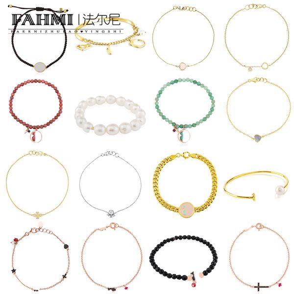 Fahmi Bracciale con orsetto in cristallo verde con corda nera di alta qualità, oro, perla grande, ovale, cristallo rosso, buon artigianato, qualità TOP