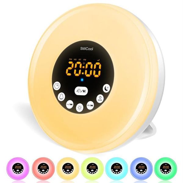 Stillcool despertador acordar luz nascer do sol simulação mesa de cabeceira lâmpada olhos proteção com rádio fm natureza sons 210208t