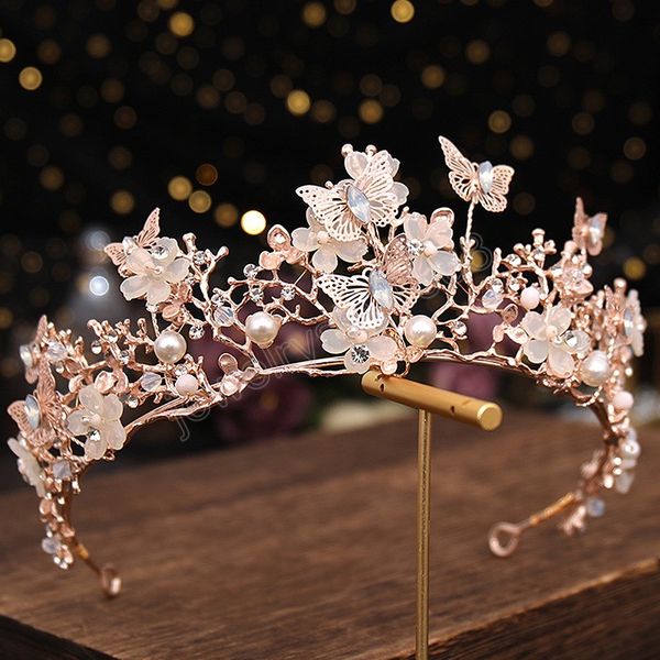 Bridal Pearl Crystal Rhinestone Crown Butterfly Flor da banda de casamento Acessórios de cabelo Princesa Aniversário Tiara Hair Hoop