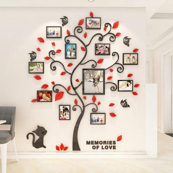 Objetos decorativos estatuetas 3D adesivo acrílico árvore espelho decalques de parede DIY Po Frame Family para sala de estar Art Home Decor porta-retratos parede 231123