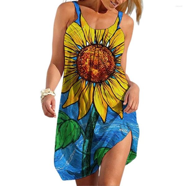 Casual Dresses Sunflower Print Midi-Kleid für Frauen Strap Beach Damen Sexy Bohemian 3D-Druck Sommerkleid Weibliche Beachwear-Kleidung