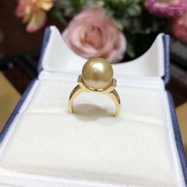 Anelli a grappolo Splendido anello con perla dorata naturale rotonda ENORME da 11-10 mm dei Mari del Sud