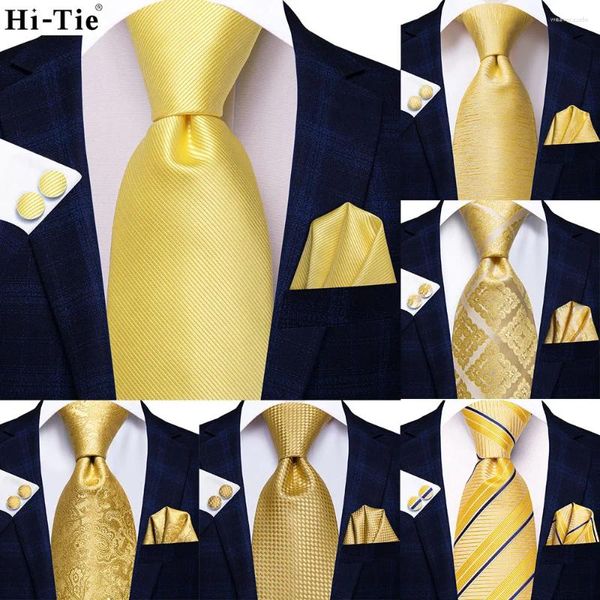 Arco laços hi-tie 2024 designer amarelo sólido clássico moda marca gravata para homens festa de casamento gravata handky abotoaduras presente atacado
