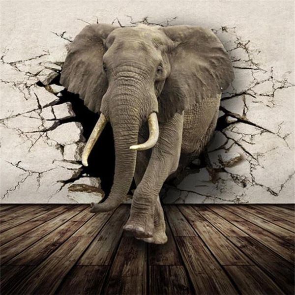 Wallpapers tamanho personalizado 3d parede quebrada elefante rinoceronte po mural papel para crianças quarto sala de estar decoração não-tecido wallpape312e