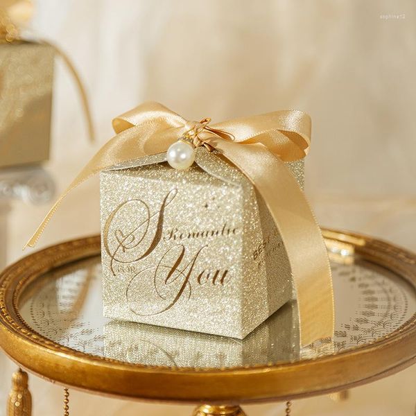 Confezioni regalo Scatola di caramelle per matrimoni con fiocco in argento dorato con regali di carta di cioccolato perlato per gli ospiti Forniture per feste di compleanno per babyshower