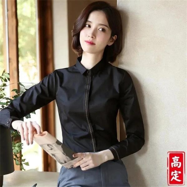 Camicette da donna Primavera Autunno Manica lunga Office Lady Work Camicetta da donna Moda coreana Stand Tunica Slim Temperamento Camicia nera professionale