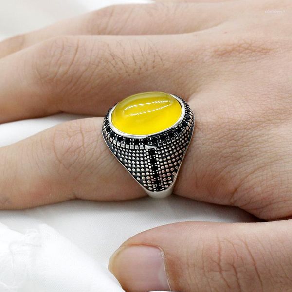 Ringos de cluster puro 925 Sterling prateado anel de ágata amarelo para homens gemas naturais com pedra preta de zircão preto punk turco