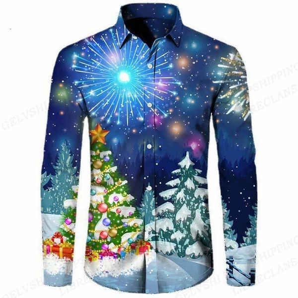 Camicie casual da uomo Natale Hawaiian Tree stampato moda uomo manica lunga camicetta da spiaggia bavero bluse abbigliamento 231124