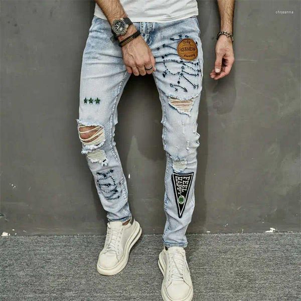 Erkek kot pantolon deliği yırtılmış streç sıska denim nakış pantolon moda sokak hip-hop tarzı ince fit pantolon yüksek kalite