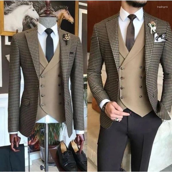 Ternos masculinos 3pc marrom pequeno quadrado blazer calças treliça padrão xadrez roupas de casamento fino ajuste roupa jaqueta calças colete