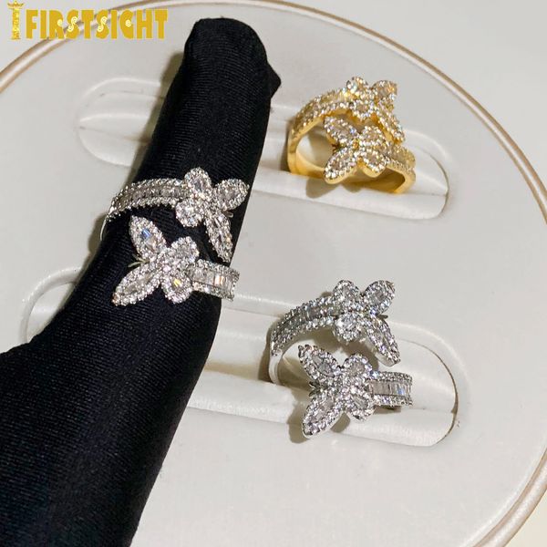Ringos de cluster Iced Out Bling Butterfly Ring Rectangle AAA CZ Zircon aberto Ajuste Charme de animal para homens Mulheres Jóias de luxo de hiphop 230424
