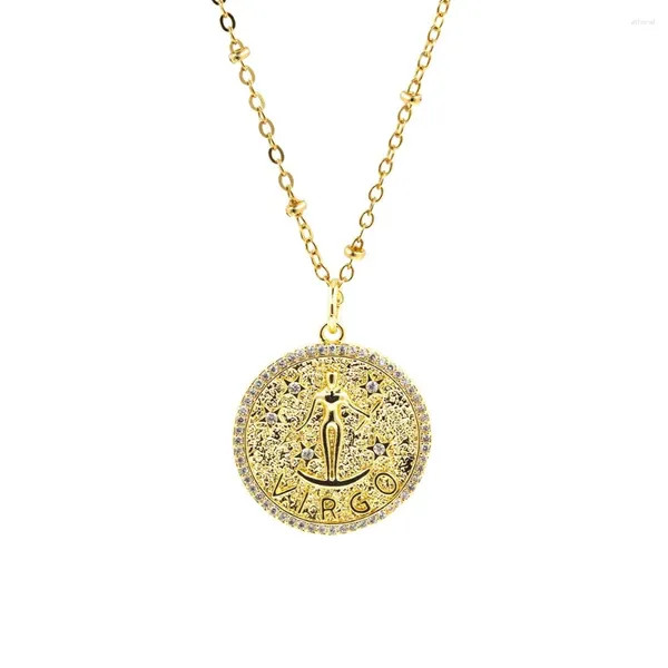 Collane con ciondolo Vintage placcato oro Dodici costellazioni Collana Rame intarsiato Zircone 12 Segni zodiacali Gioielli Regalo di compleanno per le donne