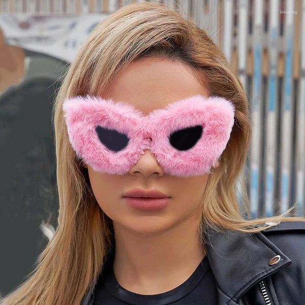 Occhiali da sole Hip Hop Fluffy Cat Eye Occhiali da sole Occhiali da sole vintage da donna Occhiali invernali Simpatico peluche Protezione solare Divertente Cosplay