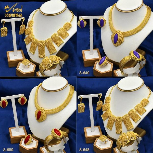 Collana Orecchini Set ANIID Dubai Set etiope Ciondolo grande Placcato oro Gioielli da sposa per le donne Girocollo nuziale africano All'ingrosso 24K