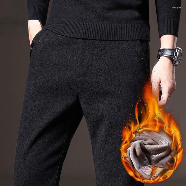 Calça masculina marca a marca masculina lã de lã de inverno engrossar homens casuais casuais negócios reto elástico algodão espesso calça masculina d27