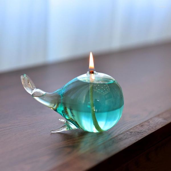 Portacandele in vetro ricaricabile, piccole lampade a olio trasparente soffiato a mano, balena decorativa