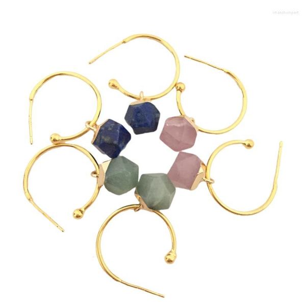 Brincos de argolas C Fio de forma Fio Octaédrico Pedra de pedra de quartzo para mulheres cura Chakra Crystal Goldtone Color French Style